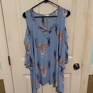 Blue Floral Antler Print Cold Shoulder Blouse